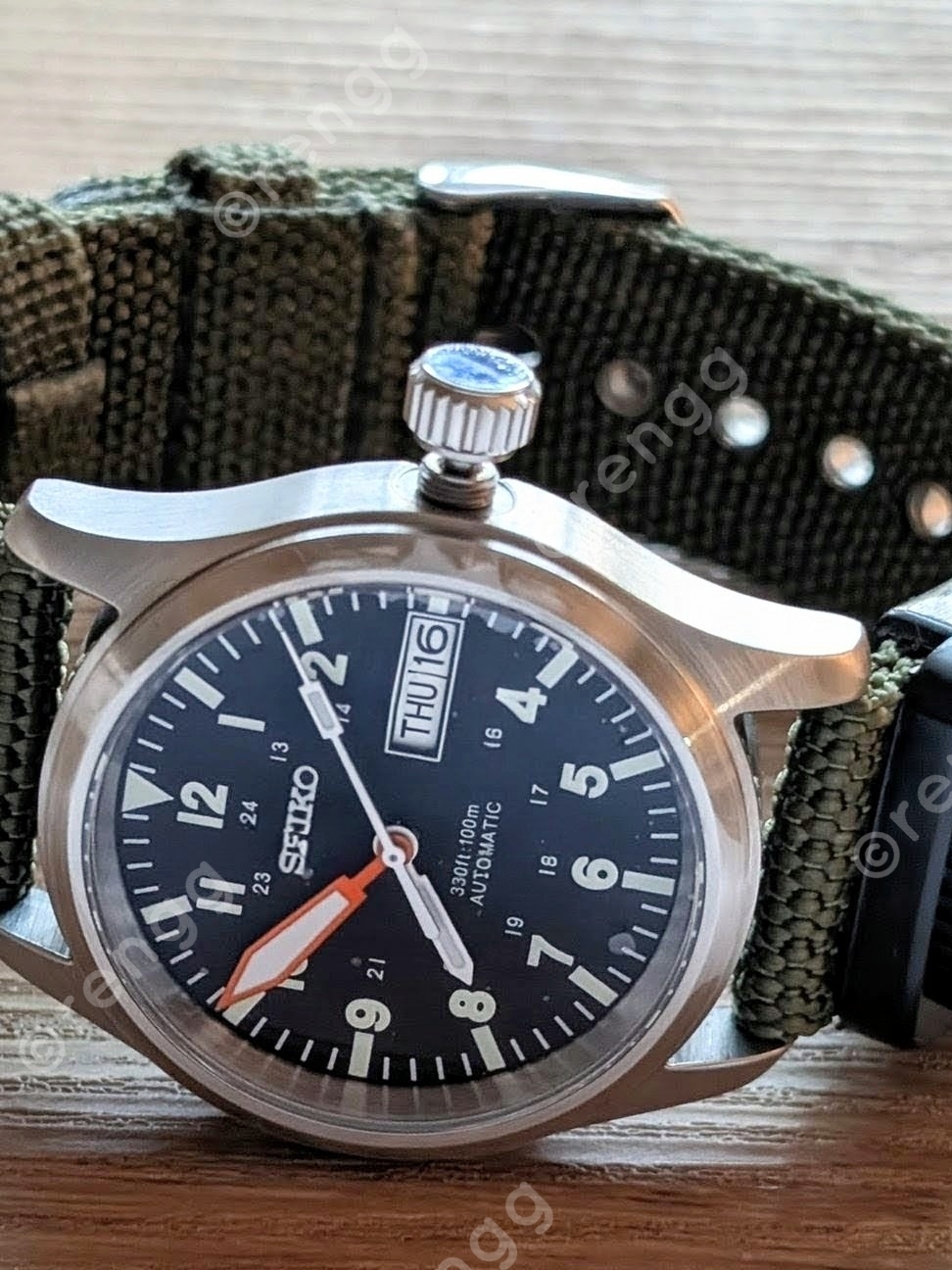 Seiko Automatic Field Watch Black Dial Green Strap Sapphire 36mm DayDate Great